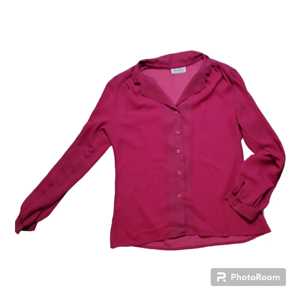 Le Chat Womens Vintage Blouse Small  Hot Pink Button Up Long Sleeves